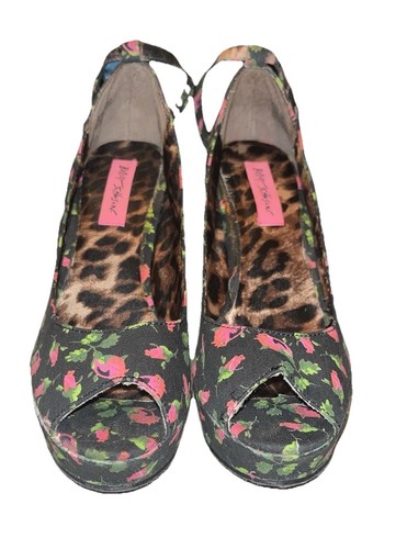 Betsey Johnson Minzie tacco plateau punta aperta floreale con stampa leopardata taglia 6 5