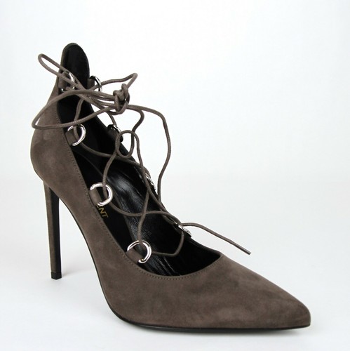 $795 Saint Laurent Pompa tacco stringato donna grigio pelle scamosciata 36 US 6 404589 1250