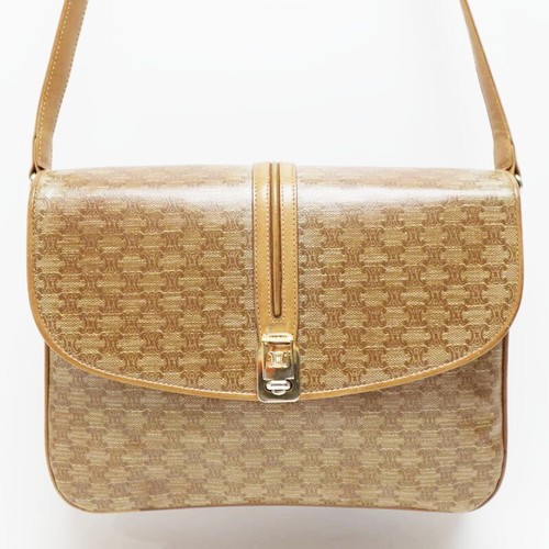 M05 k121 CELINE Macadam Flap PVC  Leather Shoulder Bag Beige