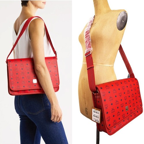 NEW $880 MCM Candy Red Pebble Leather Blue AREN LOGO Messenger Crossbody BAG NWT