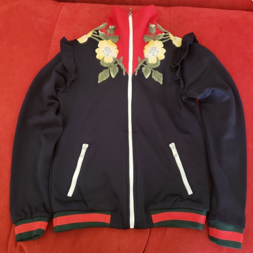 Gucci Kids Bomber Track Jacket Band collar sweatshirt Floral Embroidery Navy Red