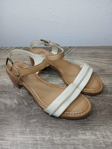 GREATS Frye Portia Block Heel Sandal Ankle Strap White   Brown Sz 7.5 Great Condition