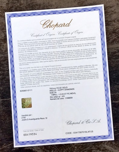 CHOPARD Certificate of Origin Ring HAPPY DIAMONDS Rose G 18k 750 OEM  