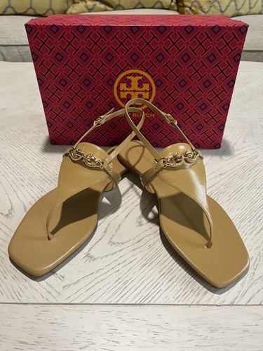 SANDALO CON CINTURINO A T nuovo con scatola $298 Tory Burch JESSA farina di mandorle taglia 9