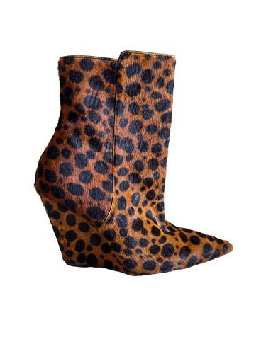 Stuart Weitzman Size 4B Animal Print Toffee Wedge Zip Bootie 4” High #But6