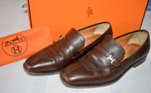 HERMÈS Mocassini uomo Hermes cuciti piatto logo H taglia 40 5 US 7 5 scarpe pelle marrone HS6