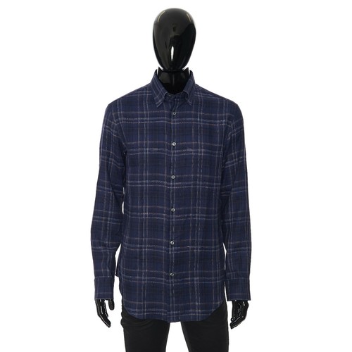 BRIONI 725$ Blue Linen Fitted Shirt   Check  Longsleeve