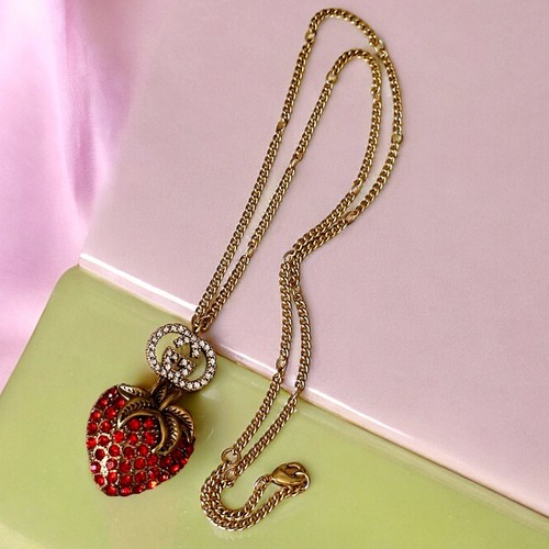GUCCI G Pave Crystal Strawberry Necklace Rare & HTF Excellent