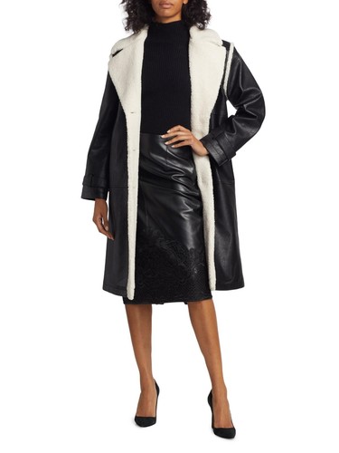 ELIE SAAB $495 Elie Tahari Women's Black Vegan Leather & Faux Fur Trim Coat Size M