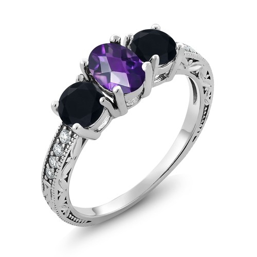 1.82 Ct Oval Checkerboard Purple Amethyst Black Onyx 925 Sterling Silver Ring