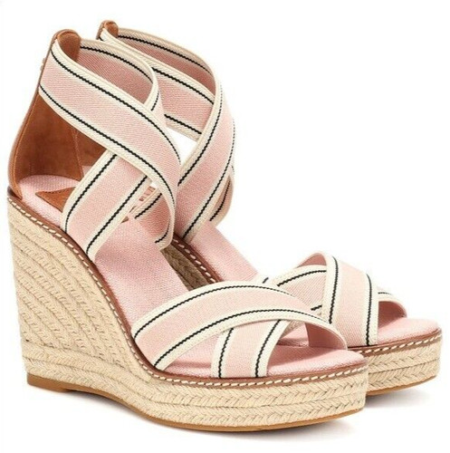 Espadrillas nuove con scatola TORY BURCH US 9 Frieda tela rosa colorblock logo zeppa tacchi