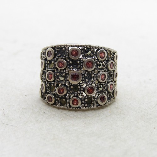 Thai Sterling Silver 925 Orange Gemstone & Marcasite Ring Size 6.25 K4674