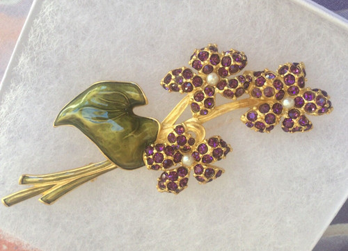 CHANEL Vintage KARL LAGERFELD Amethyst Crystal Large Floral Brooch w  Enamel Leaf  WOW!
