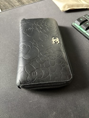 CHANEL Camellia Coco Mark Round Zipper Long Wallet Black Silver Without Box