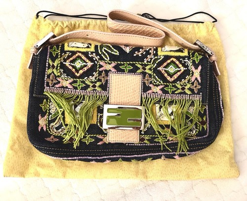 FENDI Baguette Denim Ricamato Perline Rosa Serpente Verde Vintage