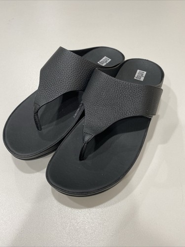 FitFlop Women's Shuv Adjustable Tumbled Leather Toe Post Sandals Wedge Black 10