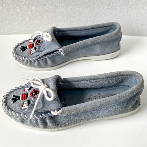 NATIVE SHOES Minnetonka Suede Blue Leather Women’s Sz 6 Beaded Thunderbird Moccasin Shoe USA