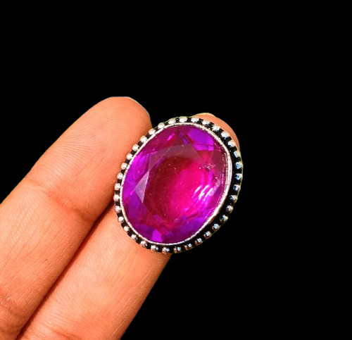 Faceted Pink Amethyst Gemstone 925 Sterling Silver Plated Handmade Ring C022