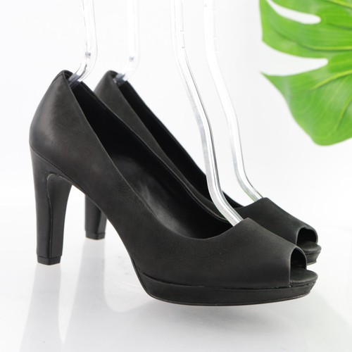 Ecco Women's Okoya Pump Size 39 8 Peep Toe Block Heel Black Leather Comfy 90MM