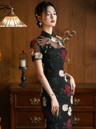 VETEMENTS Pizzo Nero Ricamato Fiore Cheongsam Nuovo Retro Abbigliamento Donna Quotidiano Qipao