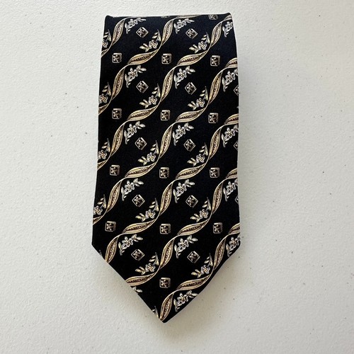 Vintage Valentino Cravatte Tie Black G Silk Italy Geometric Floral Designer