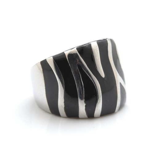 316L Stainless Steel Black Enamel Zebra Stripes Cigar Band Ring