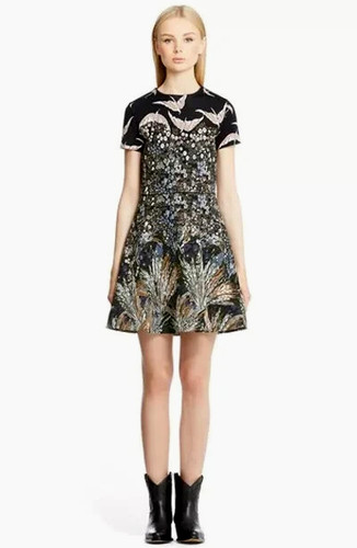 Abito Jacquard Valentino Garavani floreale uccellino botanico ricamato aderente svasato M
