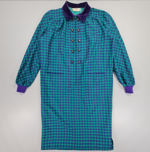 Abito donna Valentino blu verde 46 gingham check lana tweed colletto velluto