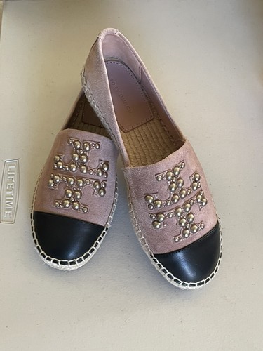 TORY BURCH ESPADRILLAS PIATTE SCAMOSCIATE LOGO PERLA PUNTA A CAPPUCCIO IN PRATO DOLCE US 10 5