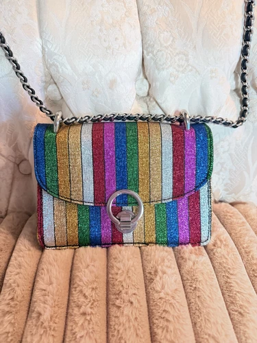 Zara Rainbow Glitter Metallic Clutch Shoulder Bag Handbag Purse Chain Strap