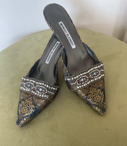 MANOLO BLAHNIK JEWELLED BROCADE MULES KITTEN HEELS