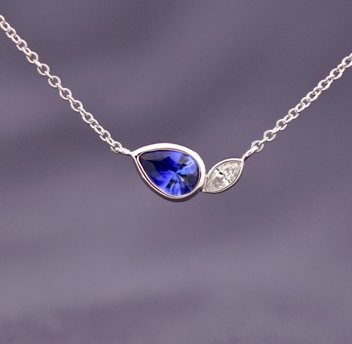 Pear Cut Simulated Blue Sapphire Bezel Pendant Necklace In 14K White Gold Plated
