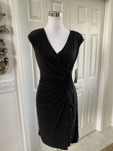 NWT Evan Picone Black Label Essentials black V Neck Front Side Ruched W ruffle 6