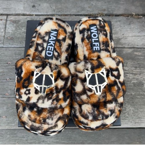 Naked Wolfe Leopard Print Slippers Size 8US   39EU Orange & Brown Fuzzy Slippers