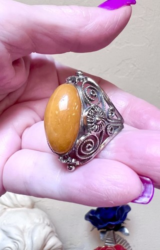GORGEOUS Vintage Polish Designer Ornate Silver Metal & Butterscotch Amber Ring