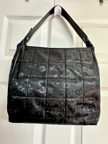 ZARA Tahari Leopard Floral Print Quilted Black On Black Bag Purse Faux Leather Strap