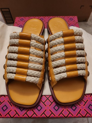 Tory Burch Blythe scivolo in corda canna d'oro naturale taglia 6 NUOVO