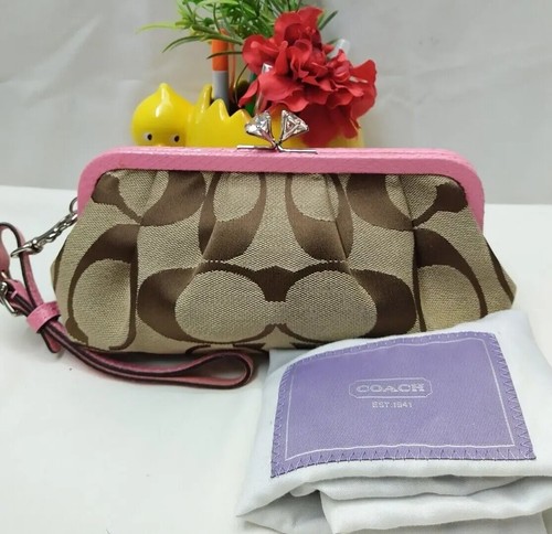 Coach Signature Brown Canvas Leather Trim Crystal Kisslock Framed Evening Clutch