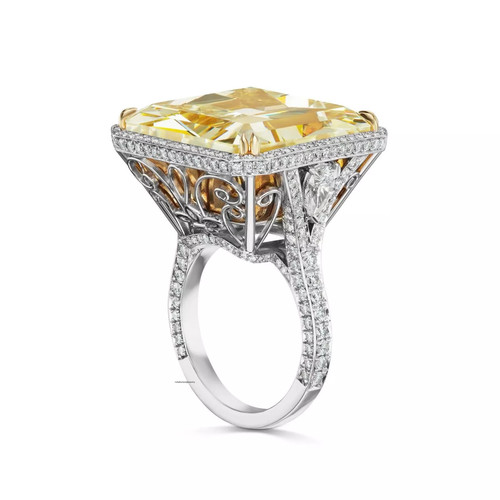 41.20CT Huge Canary Yellow Asscher Cut Citrine & White Diamonds Royal Halo Ring