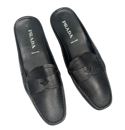 PRADA Womans Black Pebbled Leather Loafer Mules Flats Sz Eu 36