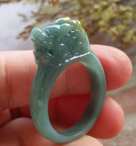 Certified Green Burma A Jadeite Jade Dragon Pi Xiu Ring NO.10.25 貔貅戒指# 398381 CN