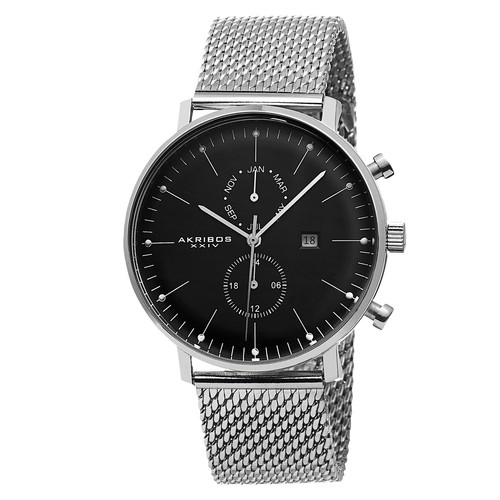 Men's Akribos XXIV AK685SSB Swiss Quartz Day Month Stainless Steel Mesh Watch