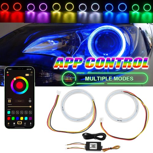 2x 80MM RGB DRL COB LED Angel Eye Lights Halo Rings Phone APP Control Headlight
