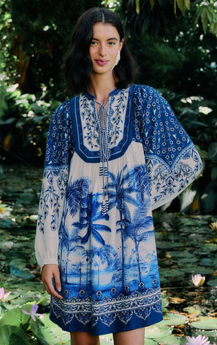 OFF WHITE$230 FARM RIO PALM TREE BEACH BLUE OFF WHITE MINI DRESS SZ LARGE NEW LAST ONE