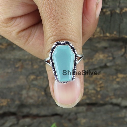 Aqua Chalcedony 925 Sterling Silver Boho Statement Coffin Designer Women Ring