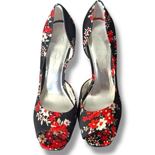 Decolte Jessica Simpson tacco a spillo nero rosso stampa floreale taglia 9 5