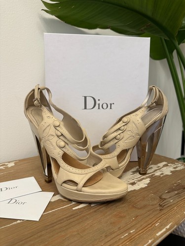 Christian Dior Angeli Blu Duchessa Maria Janes Punta Aperta Cromata Tacco 38 Beige +SCATOLA