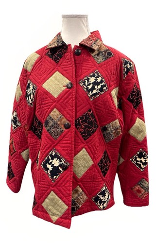 RETROFÊTE Giacca donna Mirasol rossa patchwork trapuntata ricamata con bottoni taglia M India