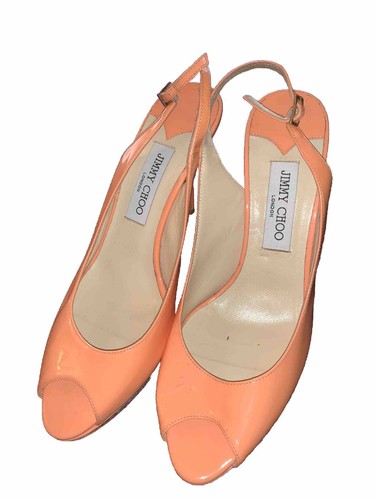 RAYE JIMMY CHOO Salmon Patent Leather Slingback Sandals Size 40.5 US10.5 Orange Peach