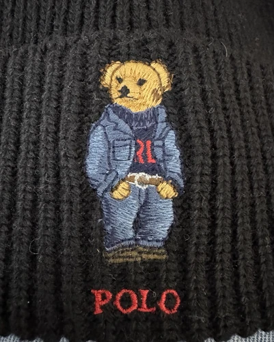 NWT POLO RALPH LAUREN Mens Black Wool Blend “Denim Polo Bear” Beanie Cap O/S